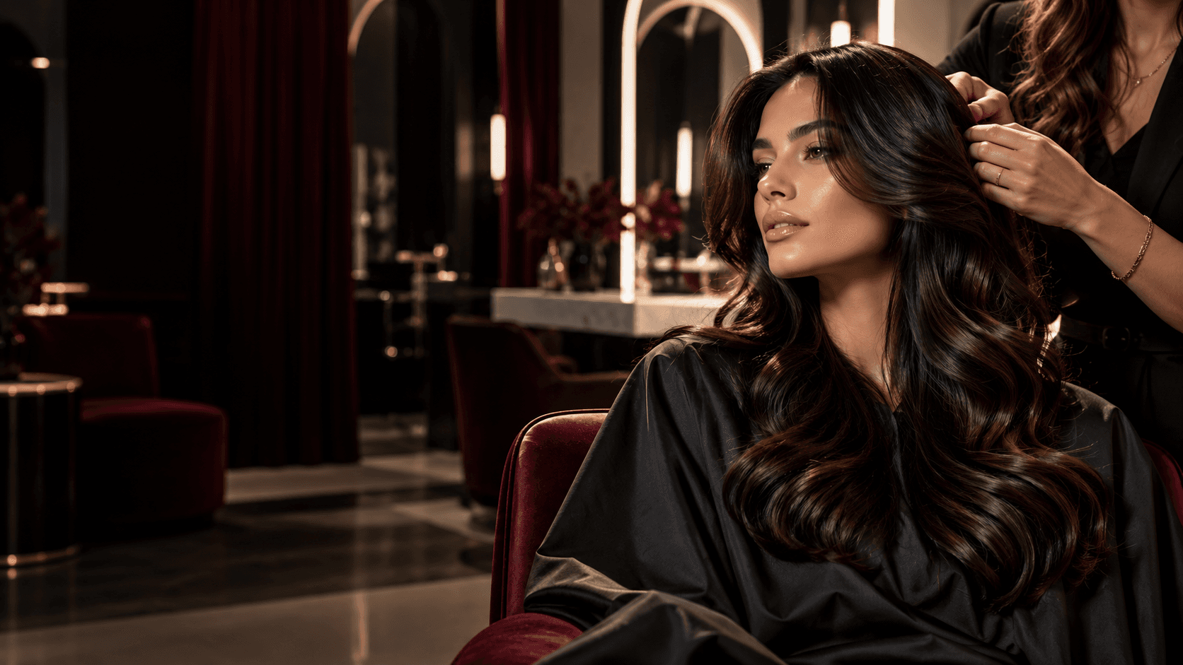 Stylist finishing a client's hair in a modern salon